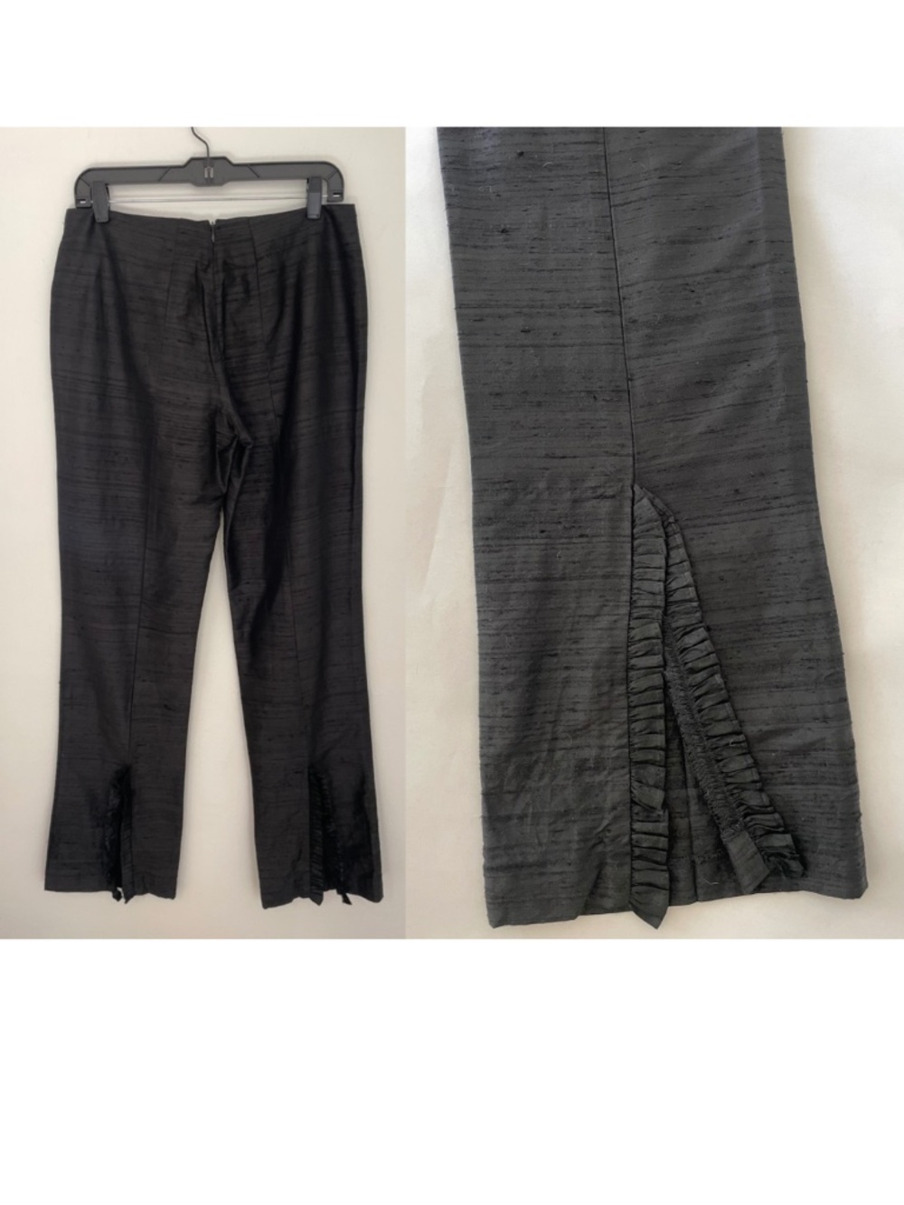 Vintage Raw Silk Straight Leg Black Pants With Ruffle Hem, Womens 4 / 6 Low Rise
